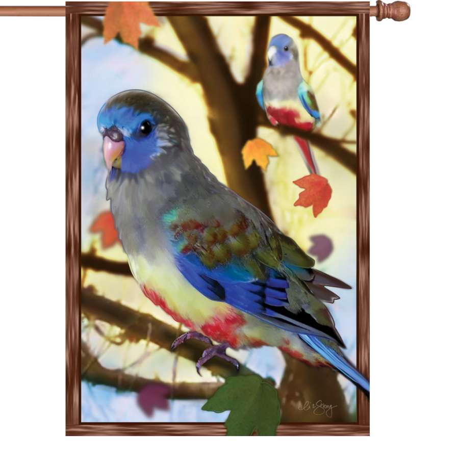 28 in. Autumn Blue Bonnets flag hanging on a pole, showcasing vivid bluebonnet flowers set against a warm autumn background.