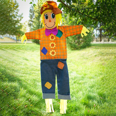 Autumn Scarecrow Wind Friend with vibrant colors and charming design, displayed as a windsock in a fall garden setting.