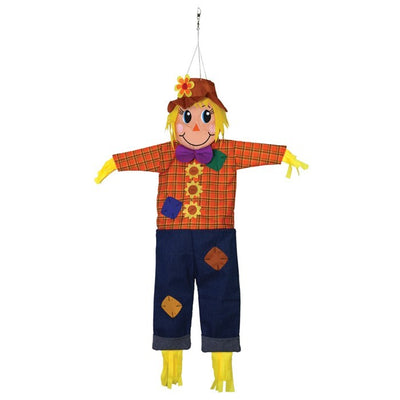 Autumn Scarecrow Wind Friend with vibrant colors and charming design, displayed as a windsock in a fall garden setting.