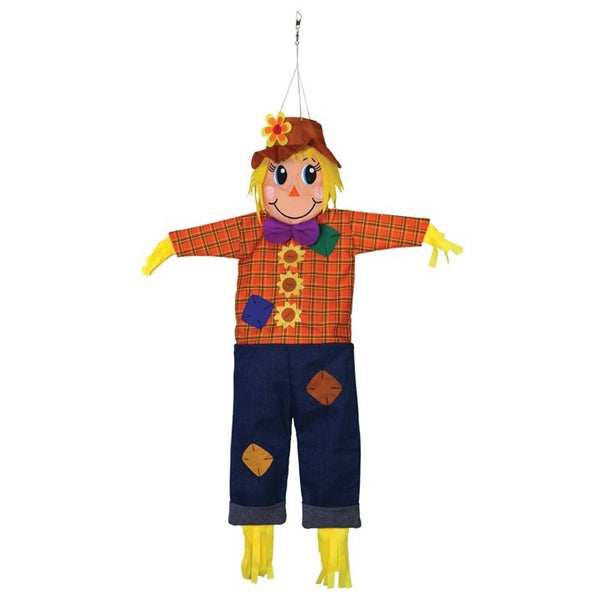 Autumn Scarecrow Wind Friend with vibrant colors and charming design, displayed as a windsock in a fall garden setting.