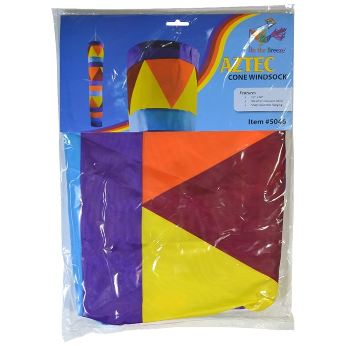 Aztec 60-inch Cone Windsock in vibrant jeweled colors, featuring applique and printed details, displayed in a garden setting.