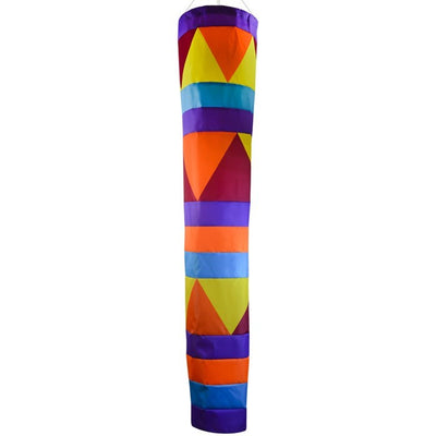 Aztec 60-inch Cone Windsock in vibrant jeweled colors, featuring applique and printed details, displayed in a garden setting.