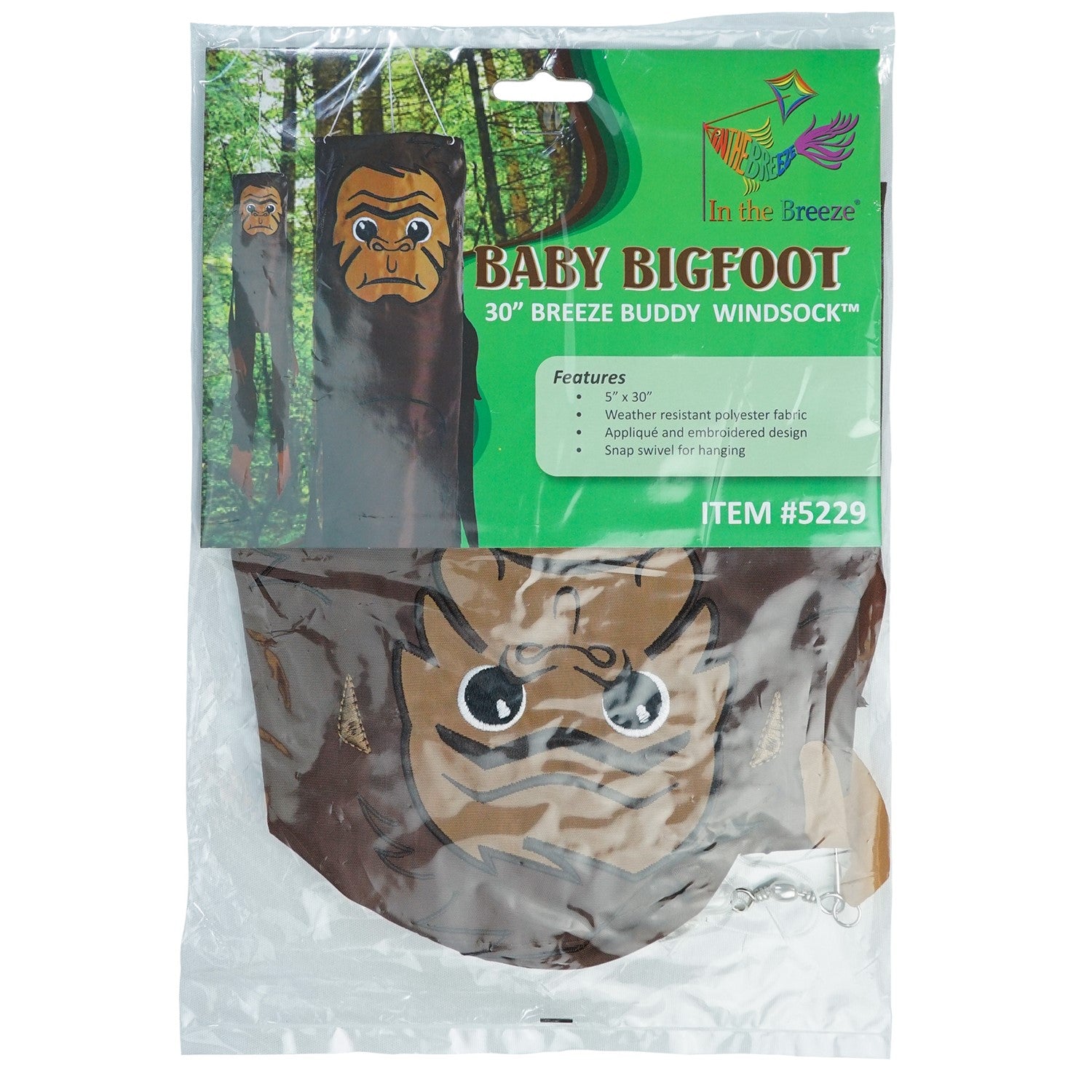 Baby Bigfoot 30" Breeze Buddy windsock featuring adorable applique and embroidery details, swaying gracefully in a garden setting.