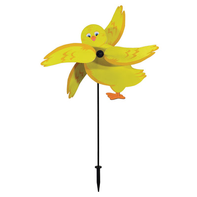 Baby Chick Whirligig featuring a cute yellow chick design spinning in the breeze in a garden setting, crafted from durable materials.