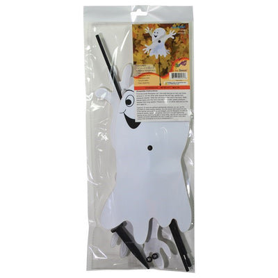 Baby Ghost Whirligig spinning in outdoor garden setting, featuring a cheerful ghost design perfect for Halloween decor.