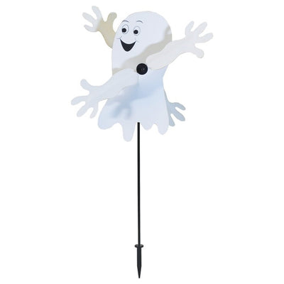 Baby Ghost Whirligig spinning in outdoor garden setting, featuring a cheerful ghost design perfect for Halloween decor.