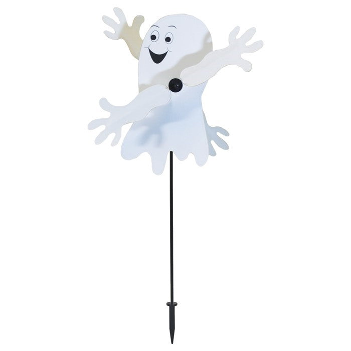 Baby Ghost Whirligig spinning in outdoor garden setting, featuring a cheerful ghost design perfect for Halloween decor.