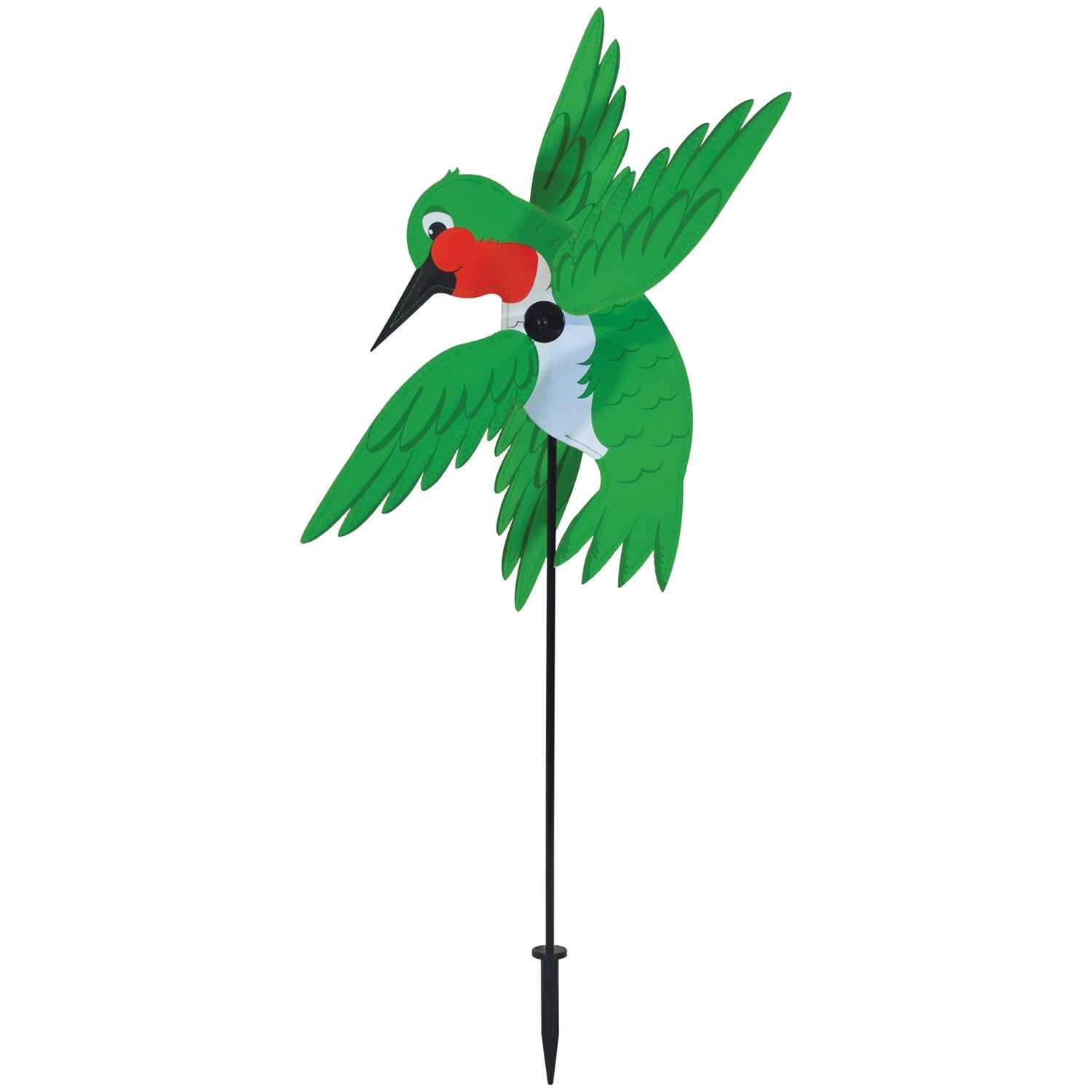 Baby Hummingbird Whirligig in bright colors spins in a garden setting, showcasing its whimsical design and durable construction.