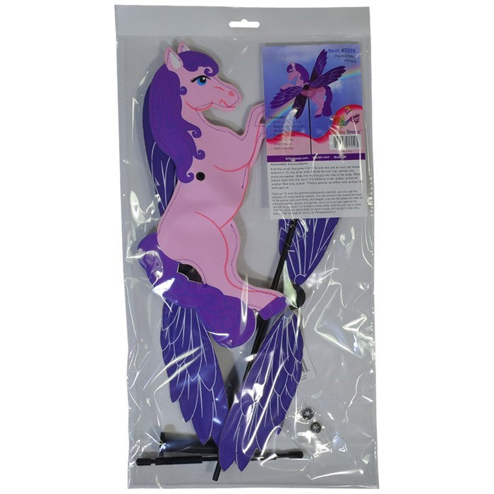Baby Pegasus Whirligig garden spinner with colorful flying horse graphic and moving wings positioned in a sunny garden setting.