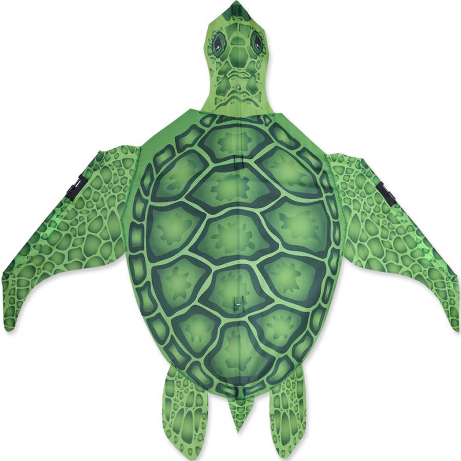 Colorful Baby Sea Turtle Kite measuring 36 x 45 inches flying gracefully in a clear blue sky during a sunny outdoor day.
