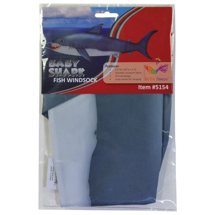 30-inch Baby Shark Fish Windsock hanging outdoors, showcasing its colorful design in a breezy setting, perfect for marine-themed decoration.