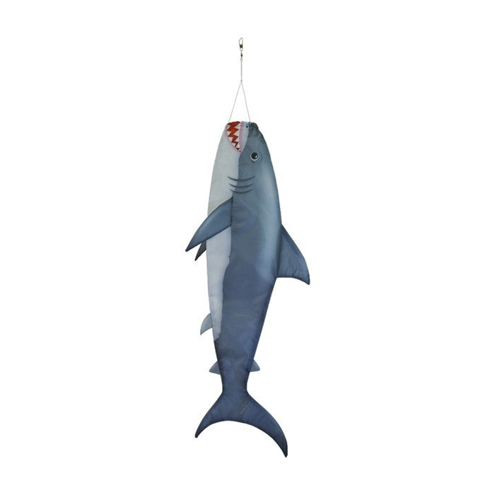 30-inch Baby Shark Fish Windsock hanging outdoors, showcasing its colorful design in a breezy setting, perfect for marine-themed decoration.