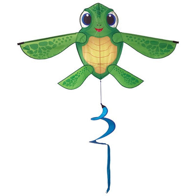 Baby Tortuga Kite featuring a cute sea turtle design and spinning tail, displayed in a clear blue sky during a sunny outdoor event.