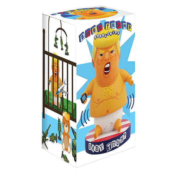 Baby Trump BobbleHIPS collectible bobblehead, humorously designed with vibrant colors, displayed on a desk, ready to entertain and amuse.