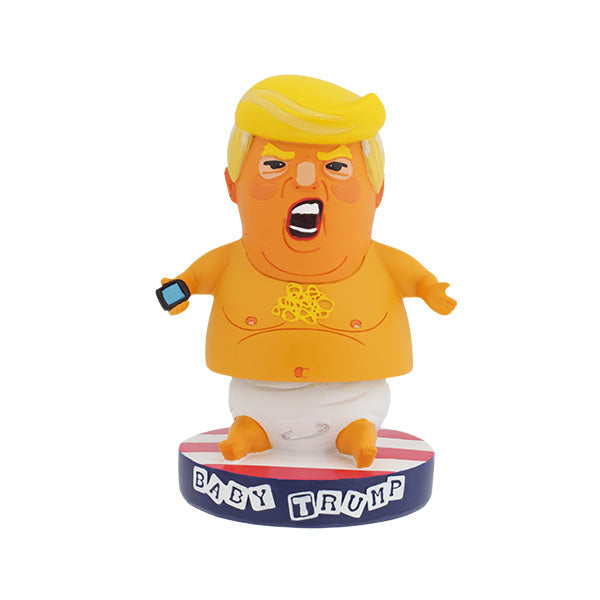 Baby Trump BobbleHIPS collectible bobblehead, humorously designed with vibrant colors, displayed on a desk, ready to entertain and amuse.