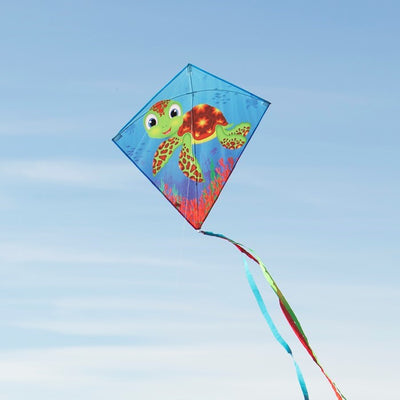 The Baby Turtle diamond kite features a vibrant turtle graphic, colorful tails, and a 30-inch design that makes it perfect for flying in the sky.
