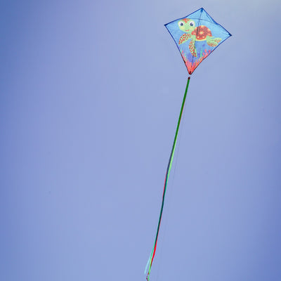The Baby Turtle diamond kite features a vibrant turtle graphic, colorful tails, and a 30-inch design that makes it perfect for flying in the sky.