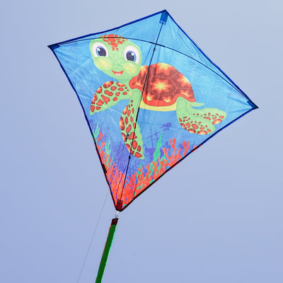 The Baby Turtle diamond kite features a vibrant turtle graphic, colorful tails, and a 30-inch design that makes it perfect for flying in the sky.