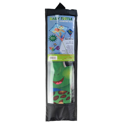 The Baby Turtle diamond kite features a vibrant turtle graphic, colorful tails, and a 30-inch design that makes it perfect for flying in the sky.