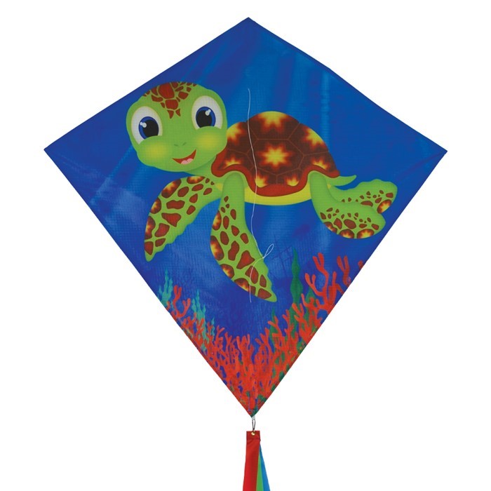 The Baby Turtle diamond kite features a vibrant turtle graphic, colorful tails, and a 30-inch design that makes it perfect for flying in the sky.