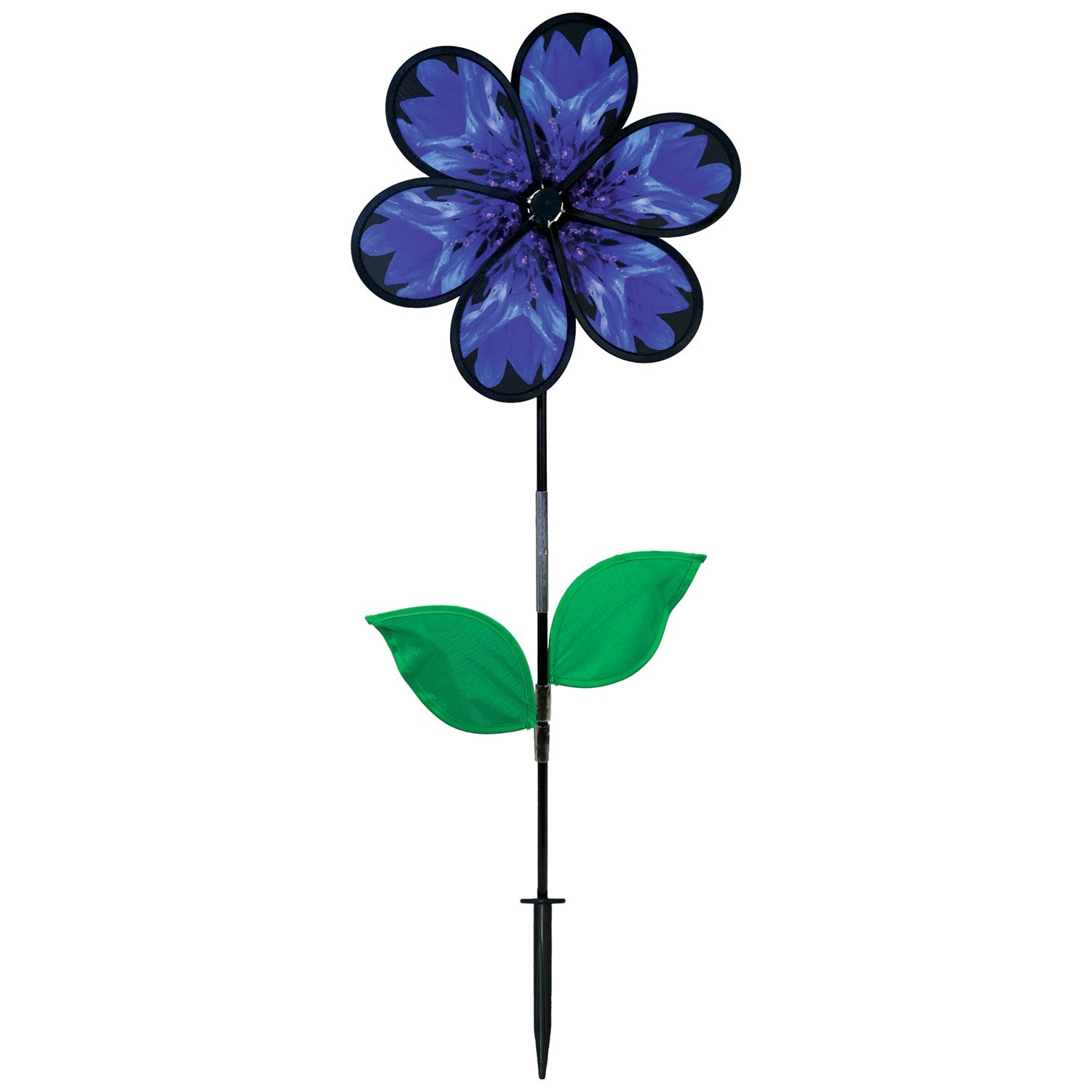 Vibrant 13.5-inch Bachelor Button Spinner with realistic blue flower and green leaves spinning on a fiberglass pole in a garden setting.