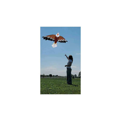 Bald Eagle Kite soaring in a clear blue sky, featuring vibrant colors and detailed applique work, measuring 70x36 inches.