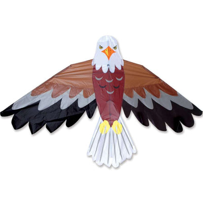 Bald Eagle Kite soaring in a clear blue sky, featuring vibrant colors and detailed applique work, measuring 70x36 inches.