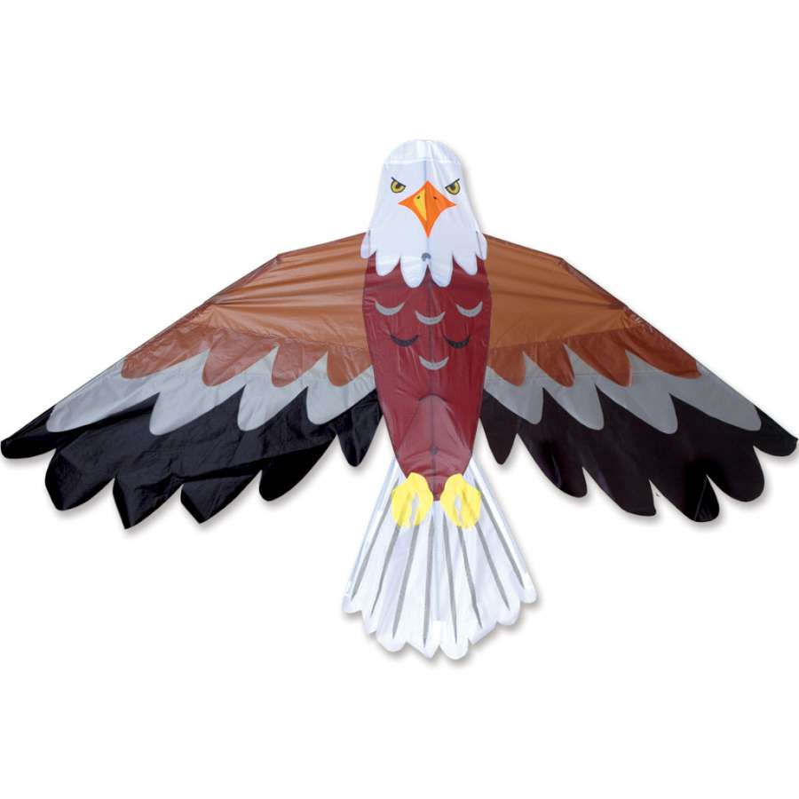 Bald Eagle Kite soaring in a clear blue sky, featuring vibrant colors and detailed applique work, measuring 70x36 inches.