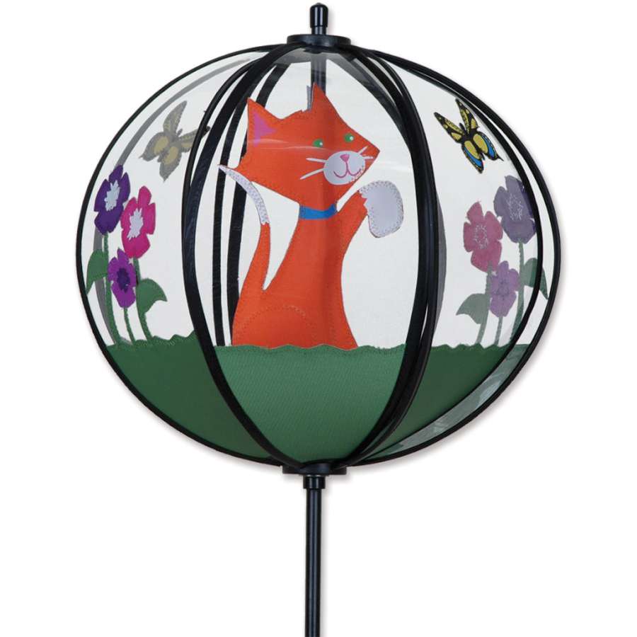 Ball Spinner for Cats in a garden setting, featuring a clear upper half with whimsical objects spinning in the breeze, size 10x10 inches.