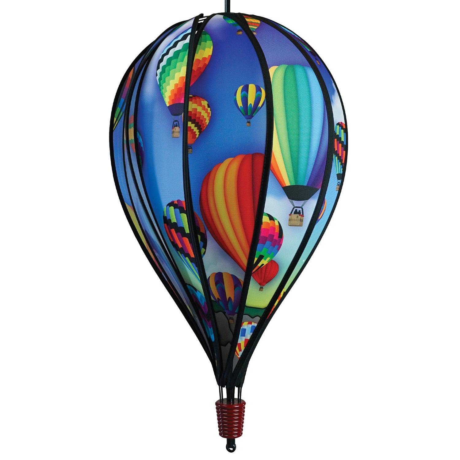 The Balloon Fest 10-Panel Hot Air Balloon Spinner features a bright and colorful design of hot air balloons spinning in the breeze, adding whimsy to your garden decor.