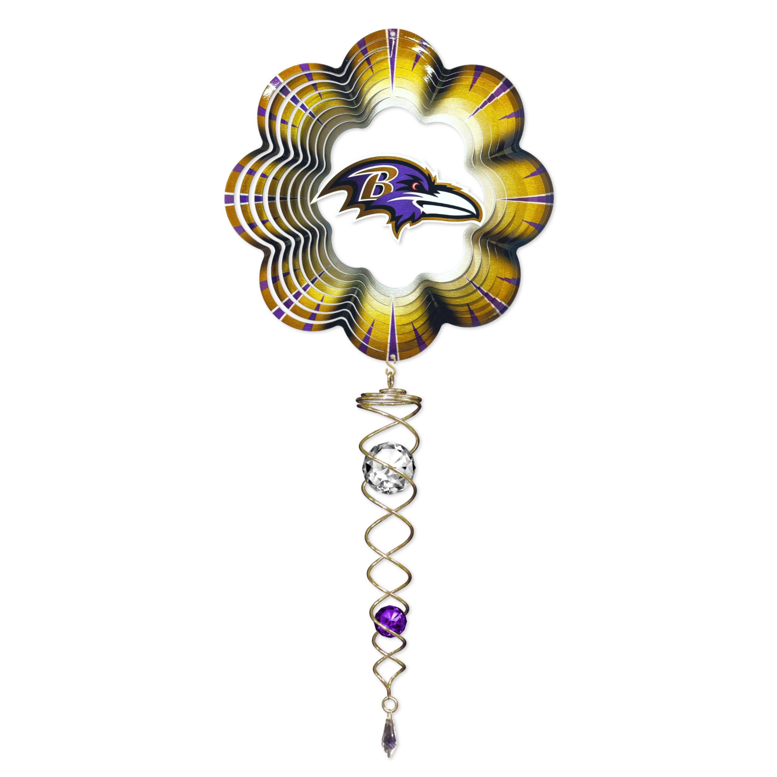 Baltimore Ravens NFL Mini Set featuring a colorful wind spinner and crystal twister displayed outdoors, showcasing team pride and movement.