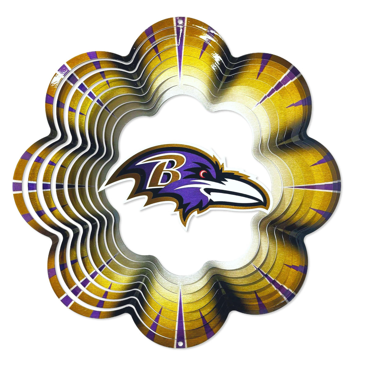 Baltimore Ravens NFL Wind Spinner, featuring vibrant team artwork, spinning gracefully in a garden setting surrounded by greenery.