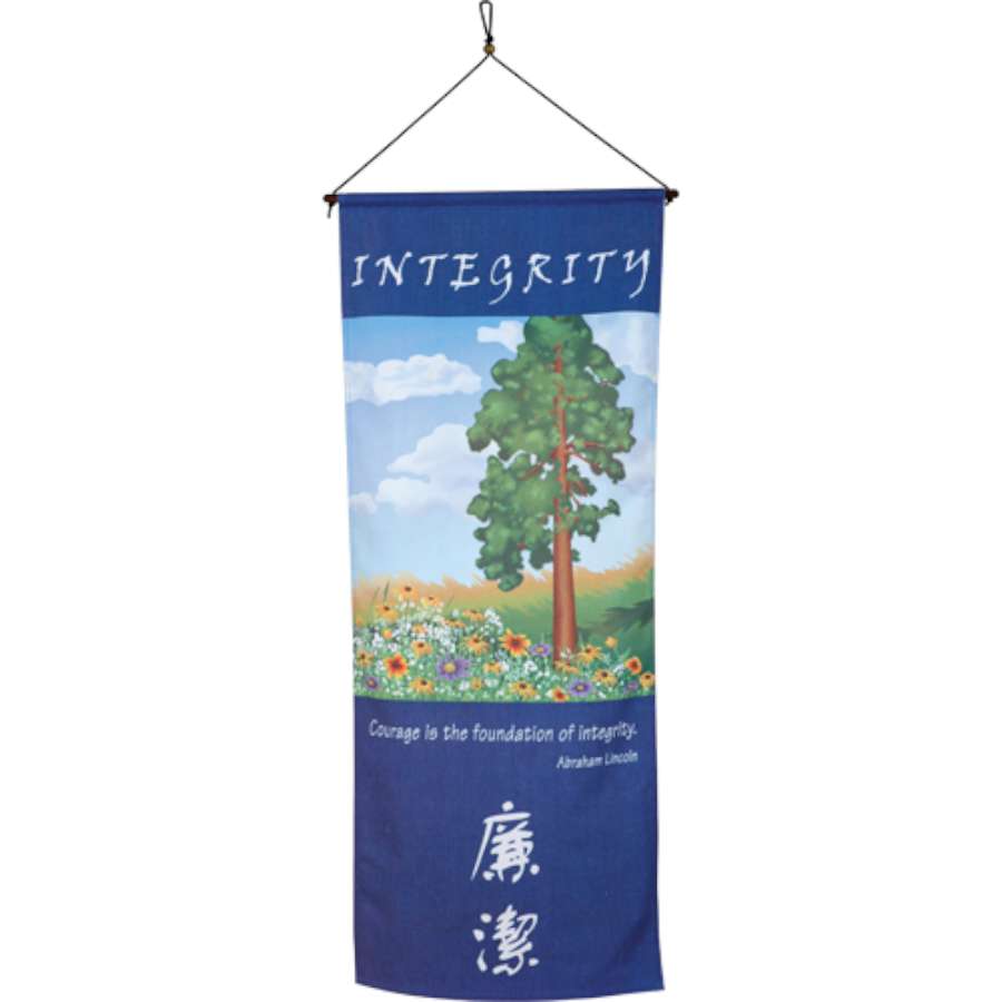 Banner Scroll - Integrity featuring Abraham Lincoln's quote displayed with elegant calligraphy in English and Chinese, hanging from a wood bar.