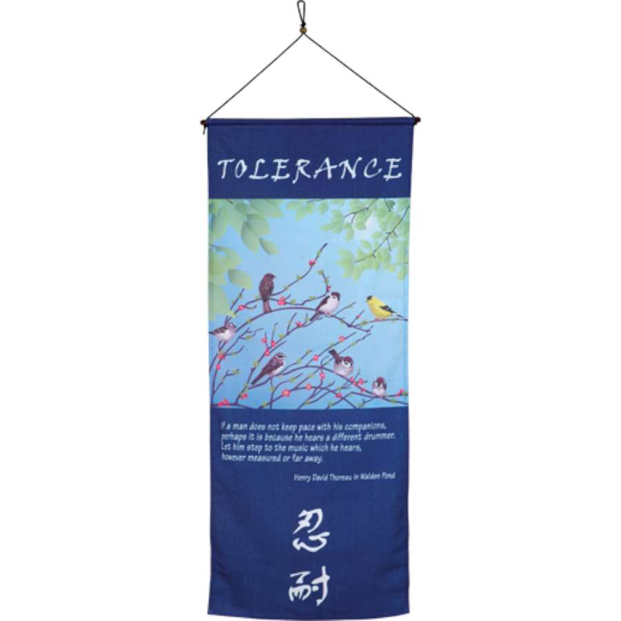 Banner Scroll - Tolerance featuring inspirational quote by Thoreau in elegant calligraphy on a soft canvas, displayed with a wooden hanger.