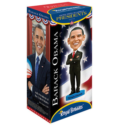 Barack Obama bobblehead, a hand-painted collectible figure showcasing the likeness of the first African American president, displayed against a neutral background.