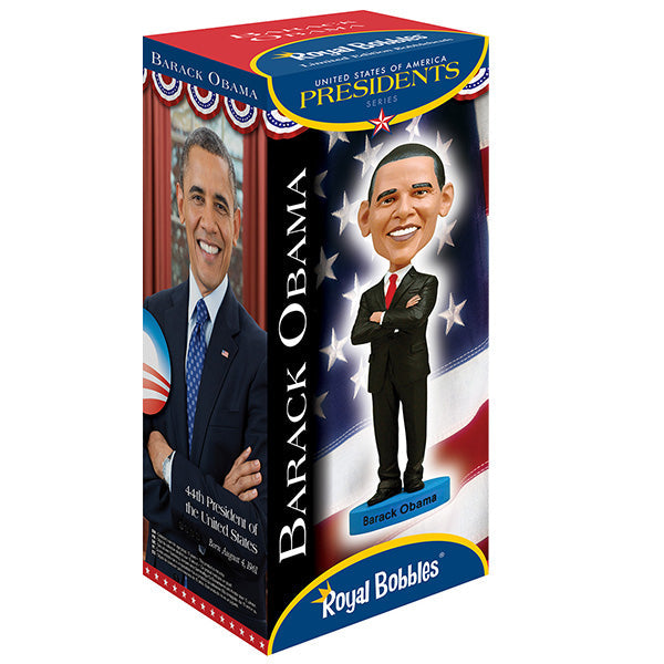 Barack Obama bobblehead, a hand-painted collectible figure showcasing the likeness of the first African American president, displayed against a neutral background.