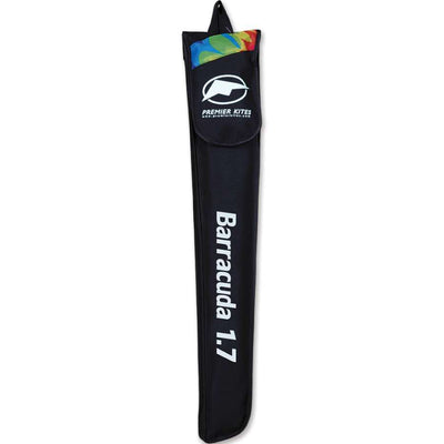 Barracuda 1.7 Kite in vibrant tie-dye pattern flying high against a blue sky, showcasing its frameless design and dual lines, perfect for outdoor fun.