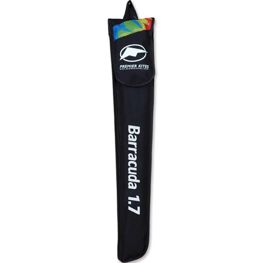 Barracuda 1.7 Kite in vibrant tie-dye pattern flying high against a blue sky, showcasing its frameless design and dual lines, perfect for outdoor fun.