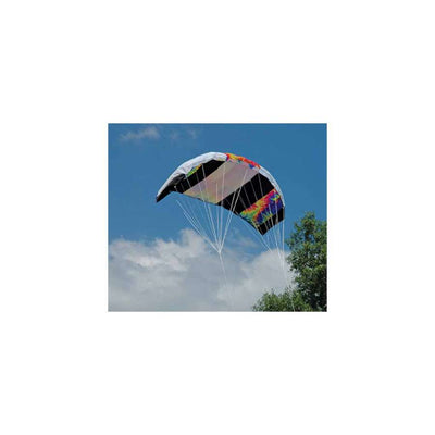 Barracuda 1.7 Kite in vibrant tie-dye pattern flying high against a blue sky, showcasing its frameless design and dual lines, perfect for outdoor fun.