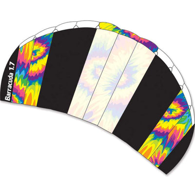 Barracuda 1.7 Kite in vibrant tie-dye pattern flying high against a blue sky, showcasing its frameless design and dual lines, perfect for outdoor fun.