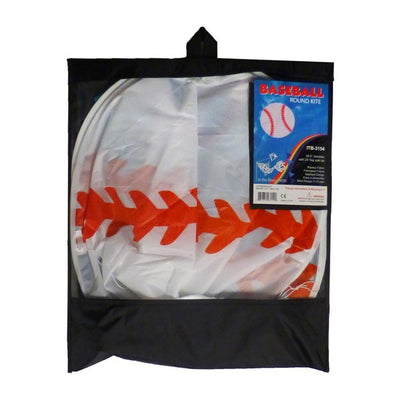 Baseball Kite featuring red stitching on a white background with a long blue triangle tail flying high against a blue sky.