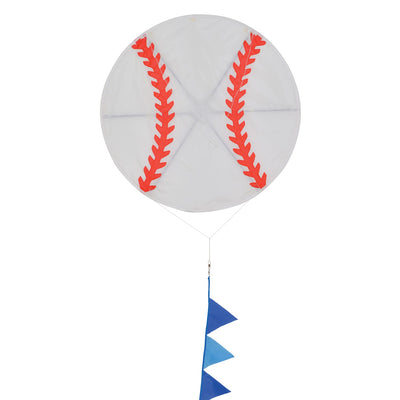Baseball Kite featuring red stitching on a white background with a long blue triangle tail flying high against a blue sky.