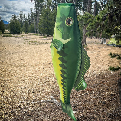 Bass 48-inch Fish Windsock with realistic printed detail, dancing in the breeze, perfect for outdoor fishing-themed display.
