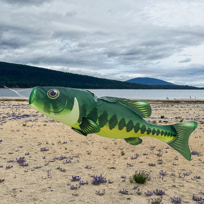 Bass 48-inch Fish Windsock with realistic printed detail, dancing in the breeze, perfect for outdoor fishing-themed display.