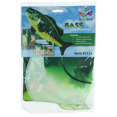Bass 48-inch Fish Windsock with realistic printed detail, dancing in the breeze, perfect for outdoor fishing-themed display.