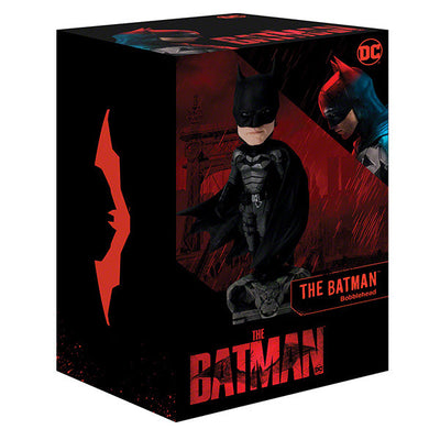 Batman bobblehead featuring Robert Pattinson in an armored suit, standing 8 inches tall on a sturdy base, ideal for display.