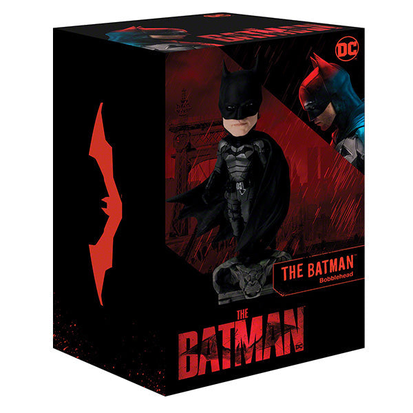 Batman bobblehead featuring Robert Pattinson in an armored suit, standing 8 inches tall on a sturdy base, ideal for display.