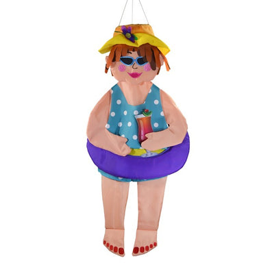 Beach Bev Wind Friend hanging decor featuring 3D design, vibrant colors, and embroidered accents, displayed outdoors in a garden setting.