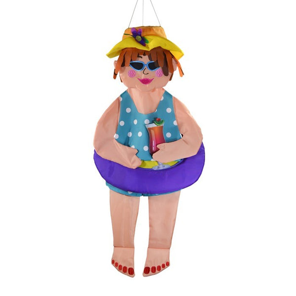 Beach Bev Wind Friend hanging decor featuring 3D design, vibrant colors, and embroidered accents, displayed outdoors in a garden setting.