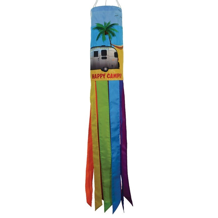 Colorful Beach Camping 40-inch Windsock featuring vibrant applique design hung outdoors, waving in the breeze above the ground.